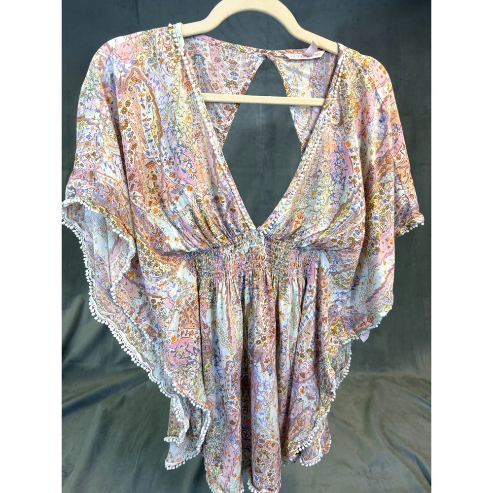 Victorias Secret Top Swim Cover Pink Paisley Babydoll Pom Poms Whimsifairy XS
